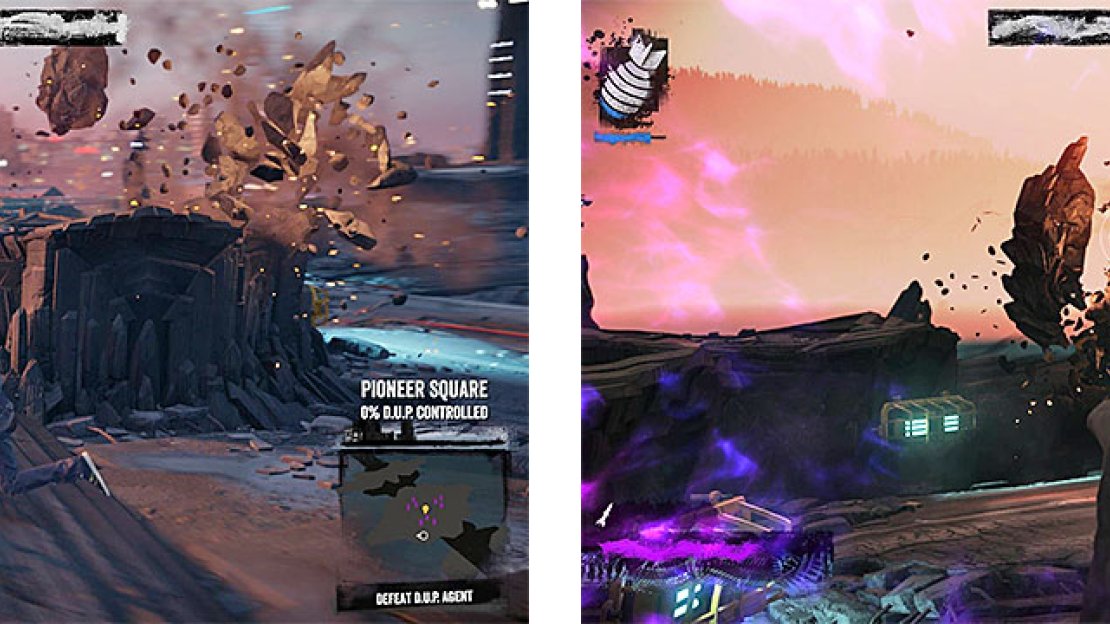 The Enormous DUP Agent can send rocks flying your way (left), as well as use large pieces concrete as a shield (right).