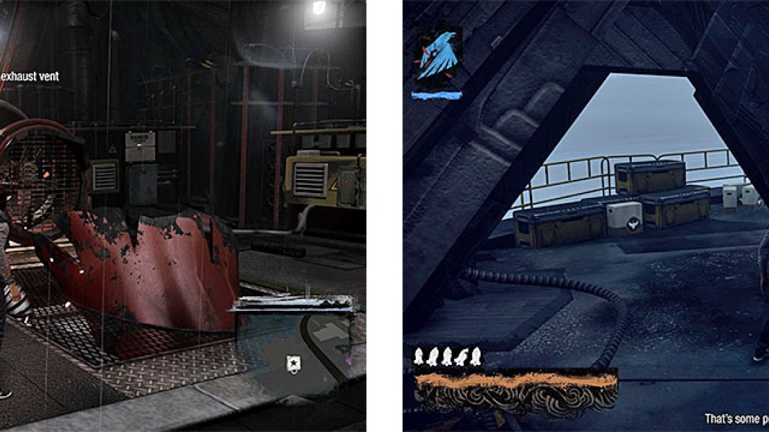 There’s a vent to the left of the large pipe, where you can drain some smoke (left). Swipe your finger along the Touch Pad to destroy the marked pillars (right).