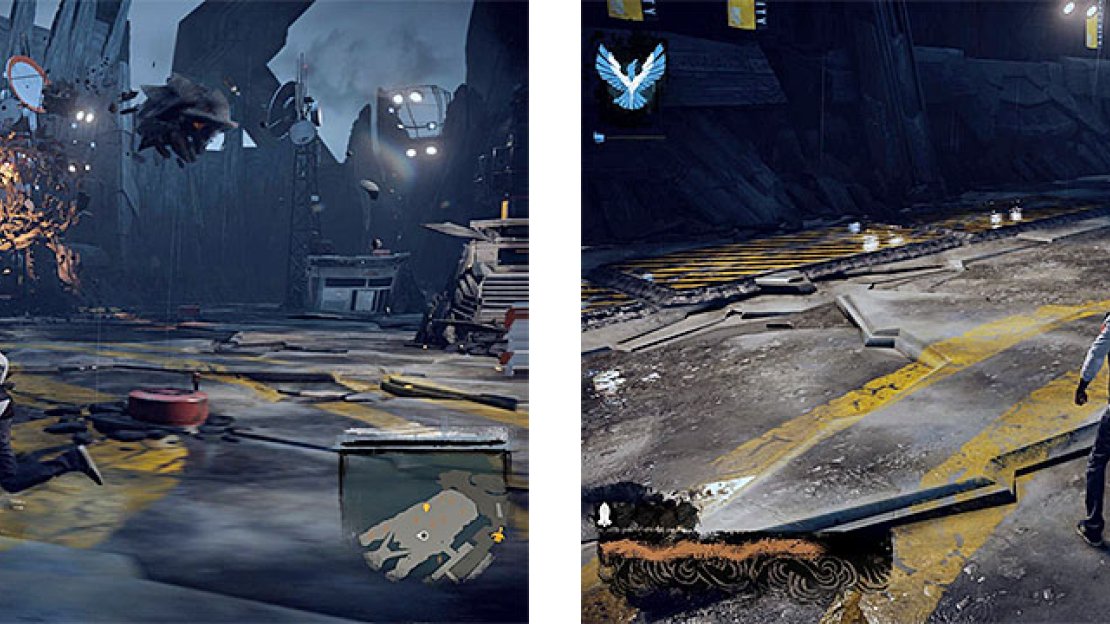 Augustine has a concrete barrier that can be destroyed with Cinder Missiles (left). Once you deal enough damage to her, she will drop to the ground and you can kick her to build up your Karma Bomb (right).