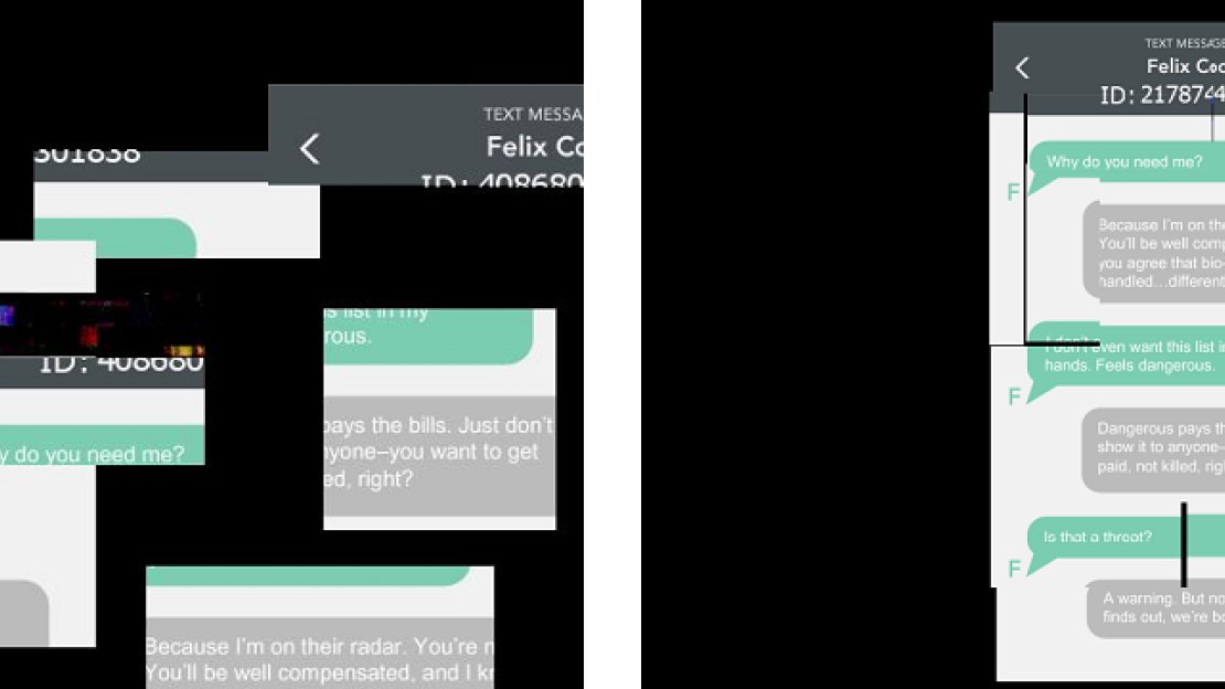 The message on Bennett’s phone before assembling it (left) and after piecing it together (right).
