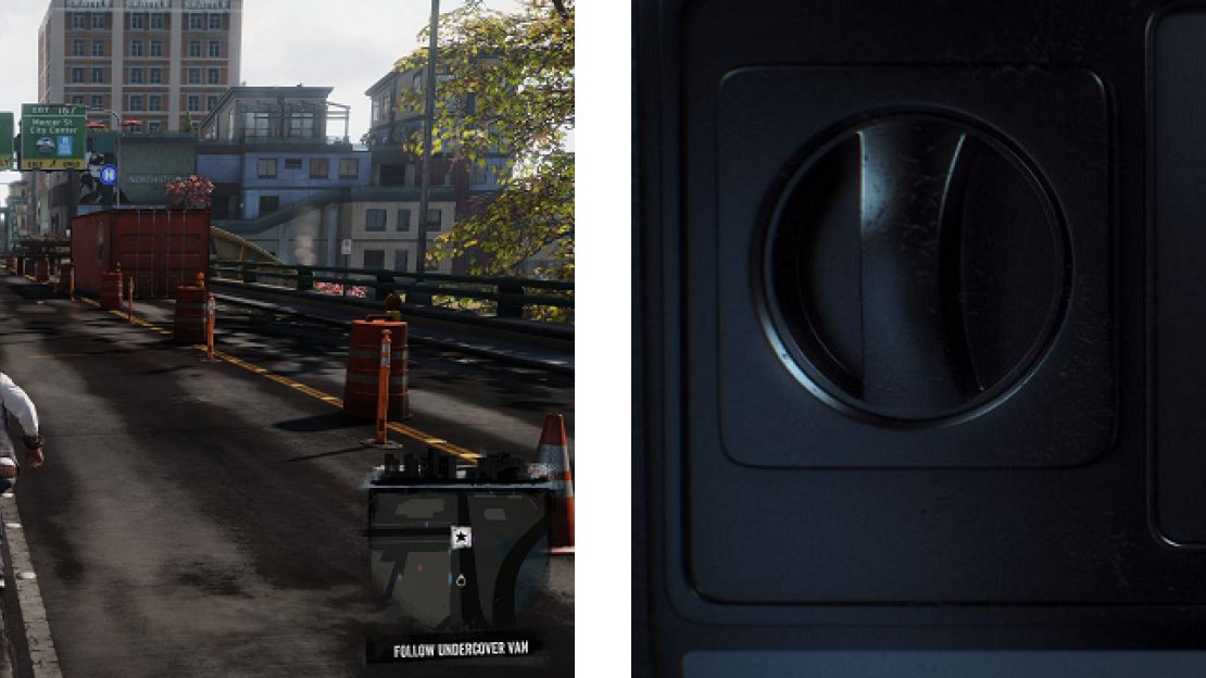 Follow the van and take out all the enemies (left), then you can go to your Paper Trail profile and try to open the safe (right).