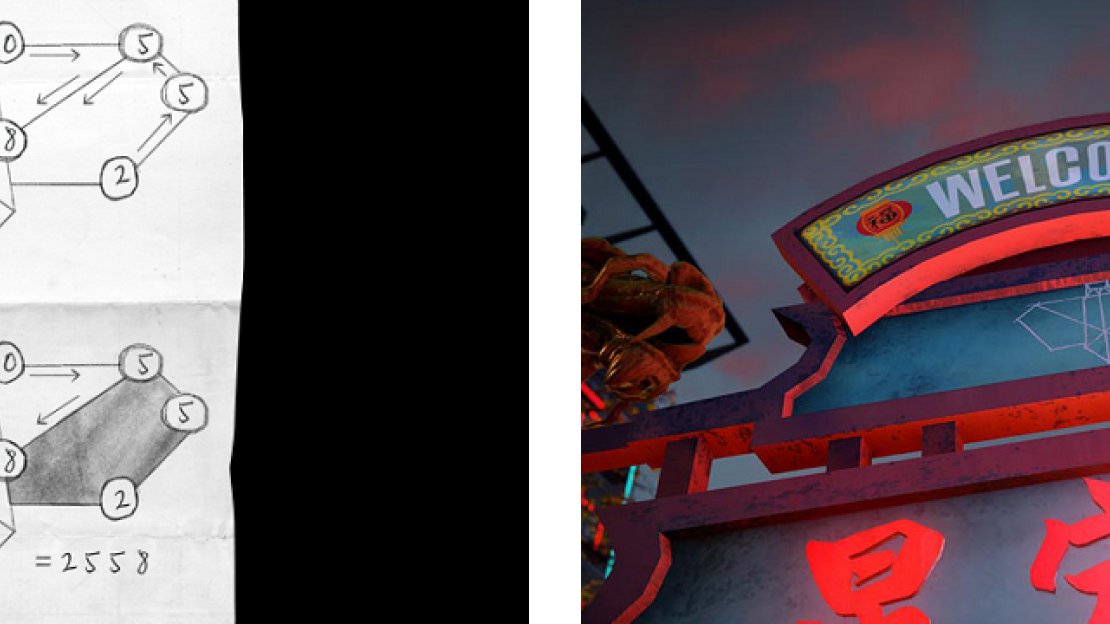 An example of a dove cipher (left), as well as one of the photos taken in-game of one of the dove markers (right).