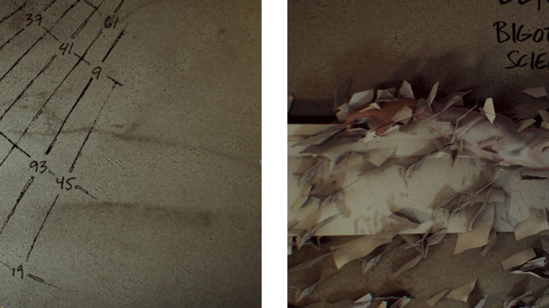 Inside Celia’s place, you can find some webs with numbers drawn on the walls (left), as well as some other things, like a dead body (right).