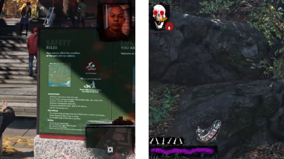 The fish stickers point in the direction of the story’s location (left), which is hidden by some rocks (right).