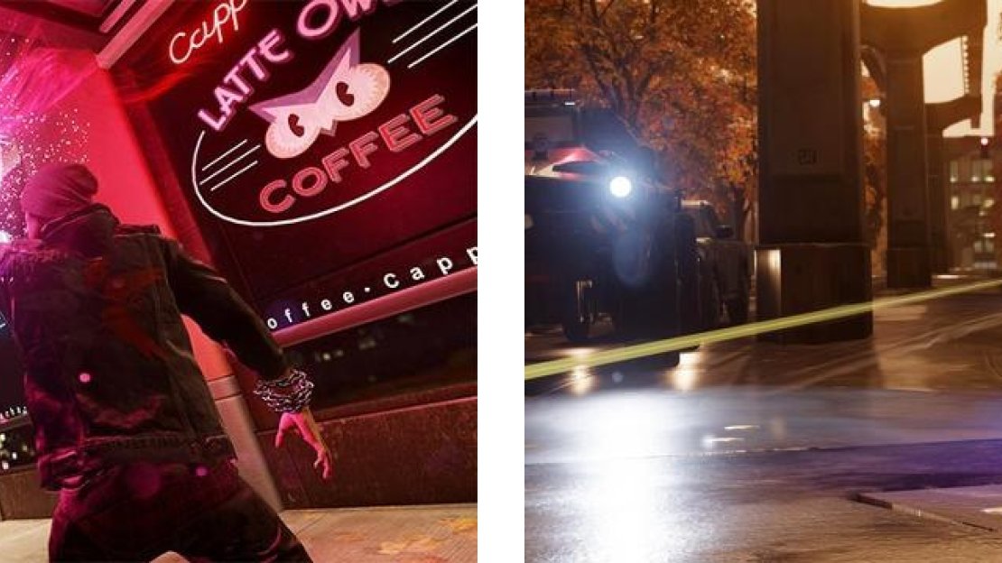 Store signs are one of the sources Delsin can use to refill his Neon energy (left). We also see his Neon Beam attack, which is the standard R2 shot (right).