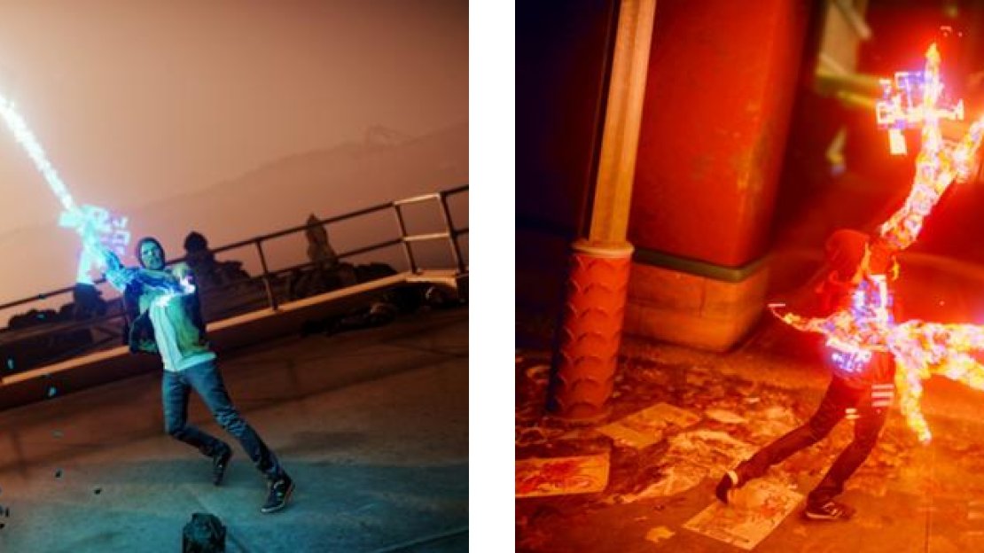 We see both instances of the melee attack for Video, with Delsin using a sword for Good Karma (left) and some claws for Evil Karma (right).