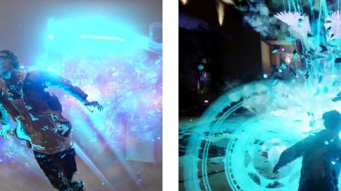 Delsin dashing in the air (left) and unleashing the Karma Bomb for Video, Hellfire Swarm (right).