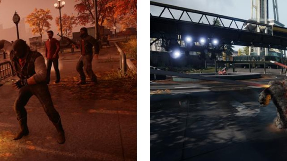 Delsin punches the ground for his melee attack when using Concrete (left) and covers himself with it when dashing (right).