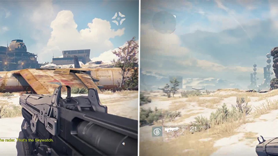 Your objective is the tower with the satellite dish on it (left). Before heading that way, skirt the cliffs to the left beneath the tower for a good chance of loot (right).