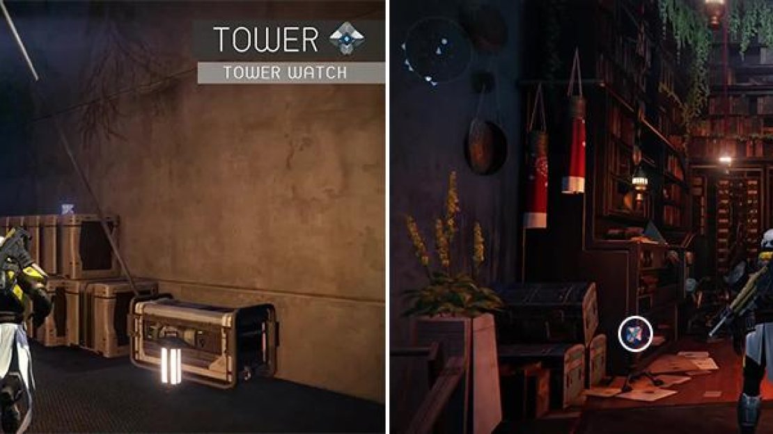 Go up stairs and grab ghost 18 from on top of the crates (left). Ghost 19 (right) is found on the left side near the Speaker in Tower North.