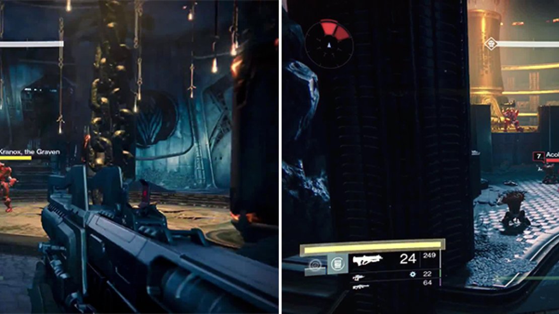 Kranox (left) holds the key to The World’s Grave. In the final room, the enemies are kneeling in prayer (right) so you can sneak up on them. Lob a grenade in their midst.