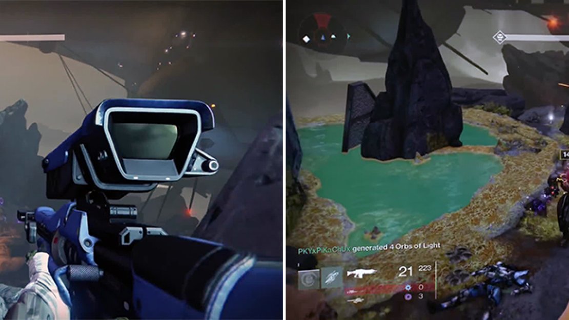 This is an excellent vantage point to snipe both the Fallen and Vex (left). You will also meet strong Minotaurs later on (right).