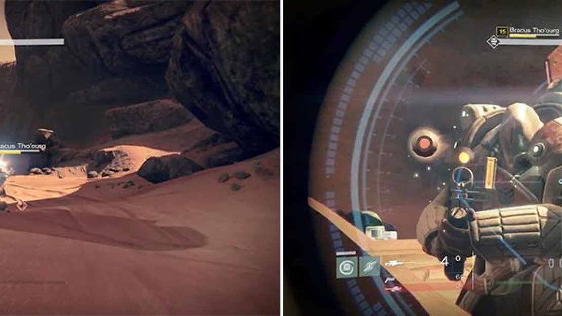 Bracus shoots a rocket launcher at you and can dodge very well. Use the many boulders scattered around to avoid his powerful fire.
