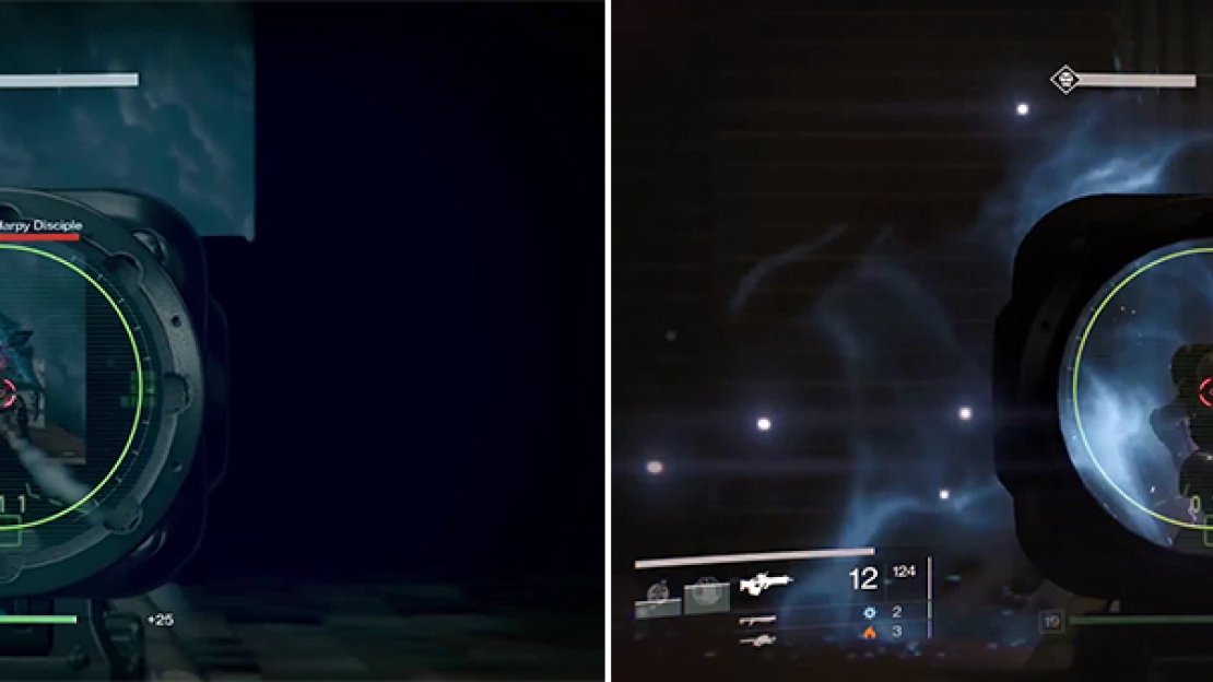 In the dark, look for the glowing red eyes to find the enemy (left). The Prohibitive Mind is a tricky boss as it never stays still and can easily kill you outright (right).