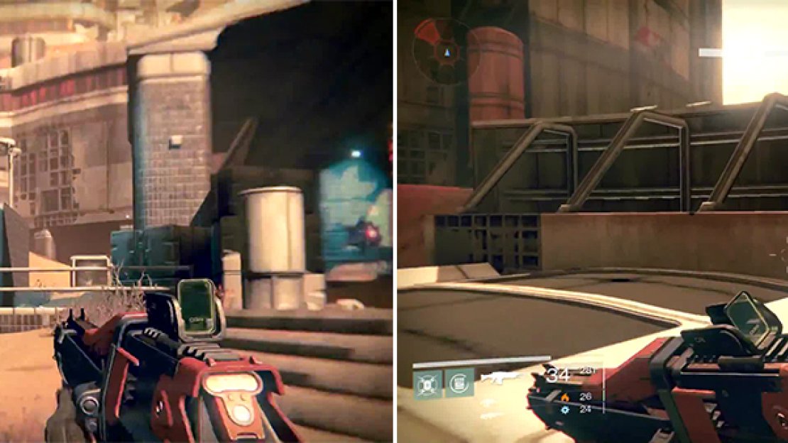 Run around the side here (left) and then jump up to grab the ghost behind the sign (right).
