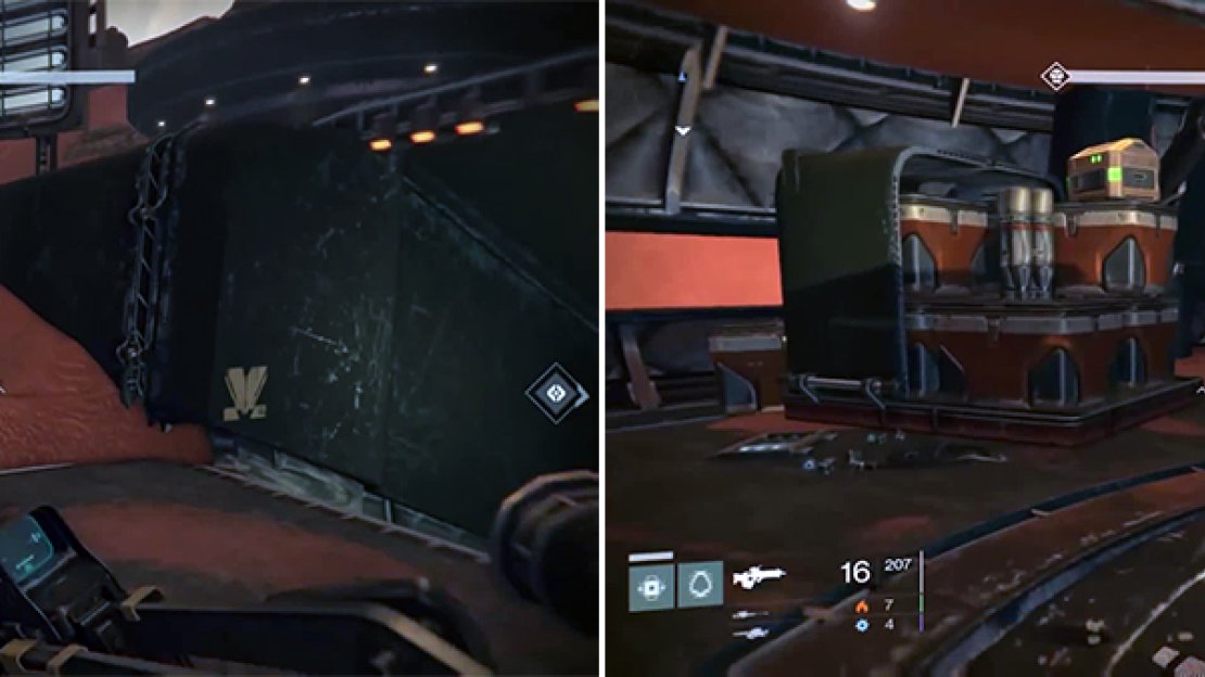 Run through the building (left) to the back and the chest is on a pile of crates.