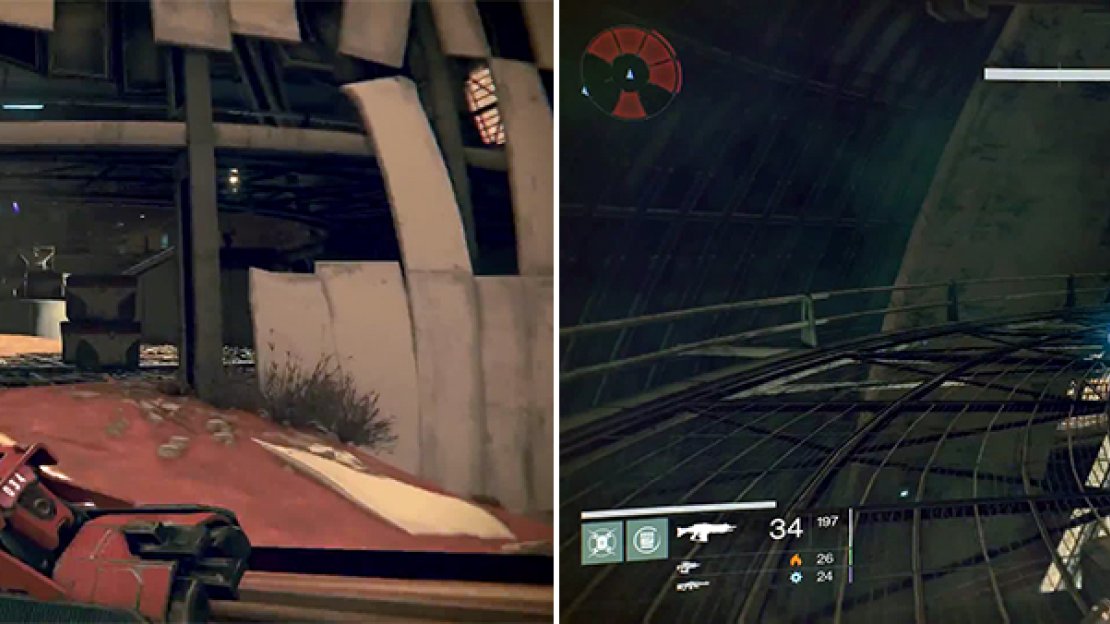 Run into the building and jump up to the catwalk above to collect the ghost.