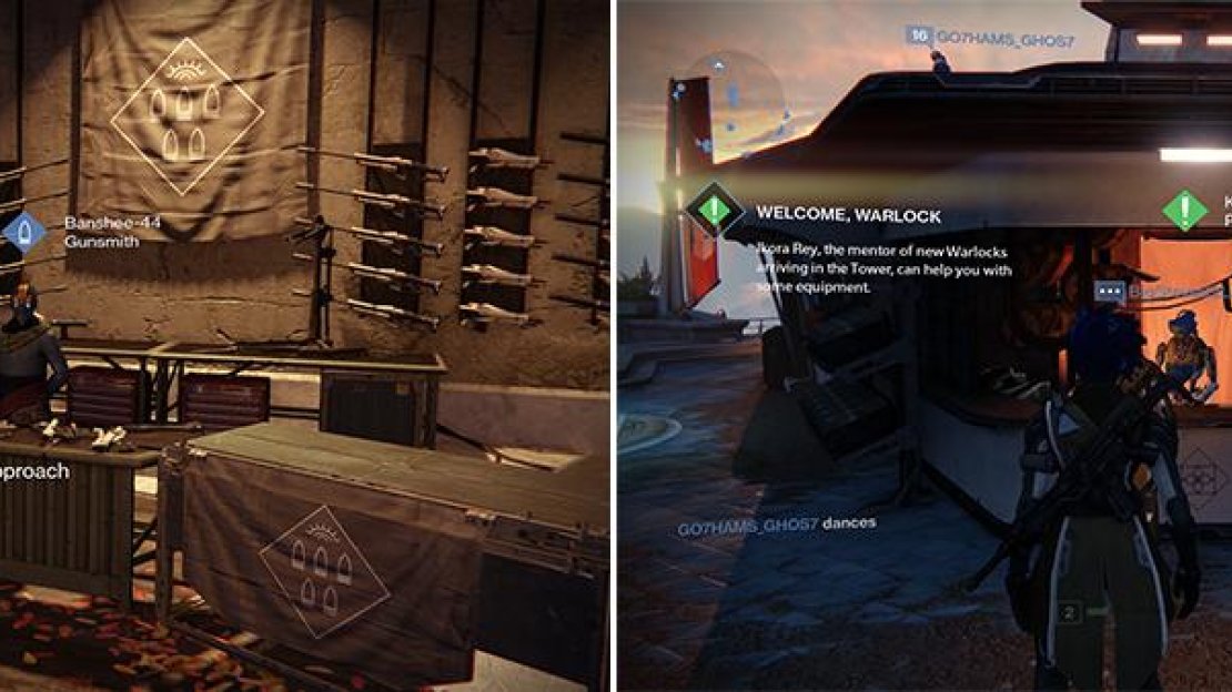 The Gunsmith (left) sells weapons of decent calibre. The Postmaster (right) will track bounties and give you messages.