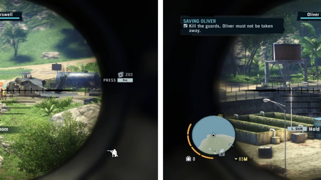 Begin the rescue of Oliver by killing the man pushing him towards the helicopter, which will prompt him to run. The red barrels littered throughout this section will help, since they have the possibility to kill many enemies.