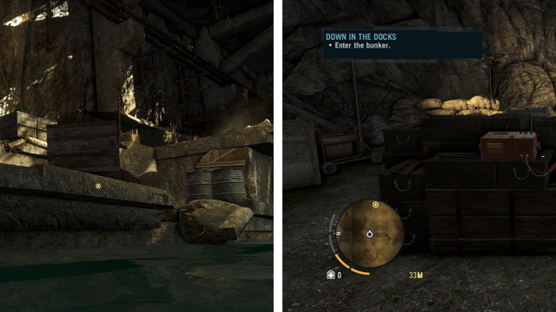You can sneak up and take out this enemy (left) with the Death From Below skill, then you can kill the rest of the enemies in the area.
