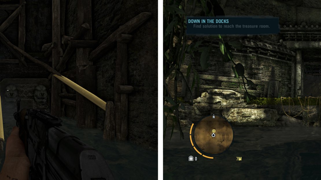 You’ll need to break three pieces of wood in two separate rooms in order to eventually reach a ledge and get out of the water.