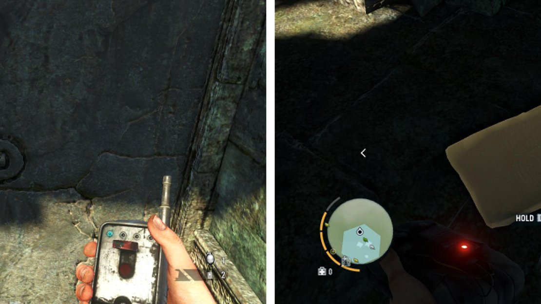 Blow up the wall (left), then go across the bridge and you’ll find the tablet behind the ladder.