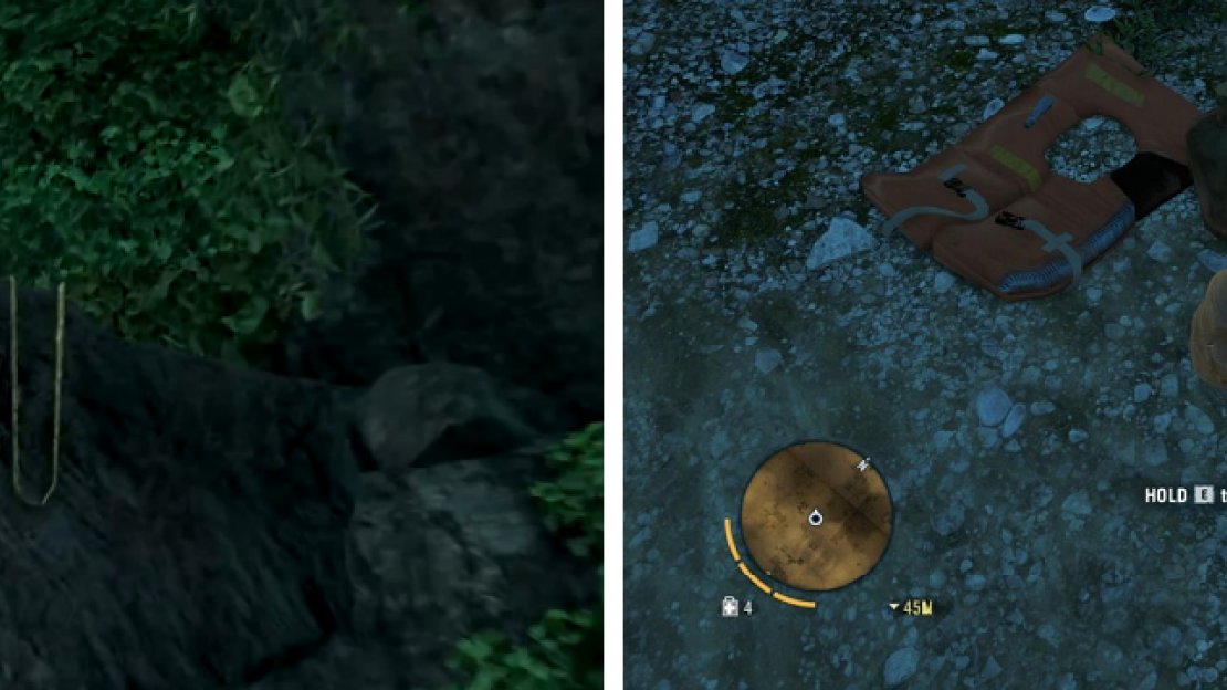 The initial ledge in the cave with your friends that sets you on the path to Relic #1 (left) and the location of the actual Relic (right).