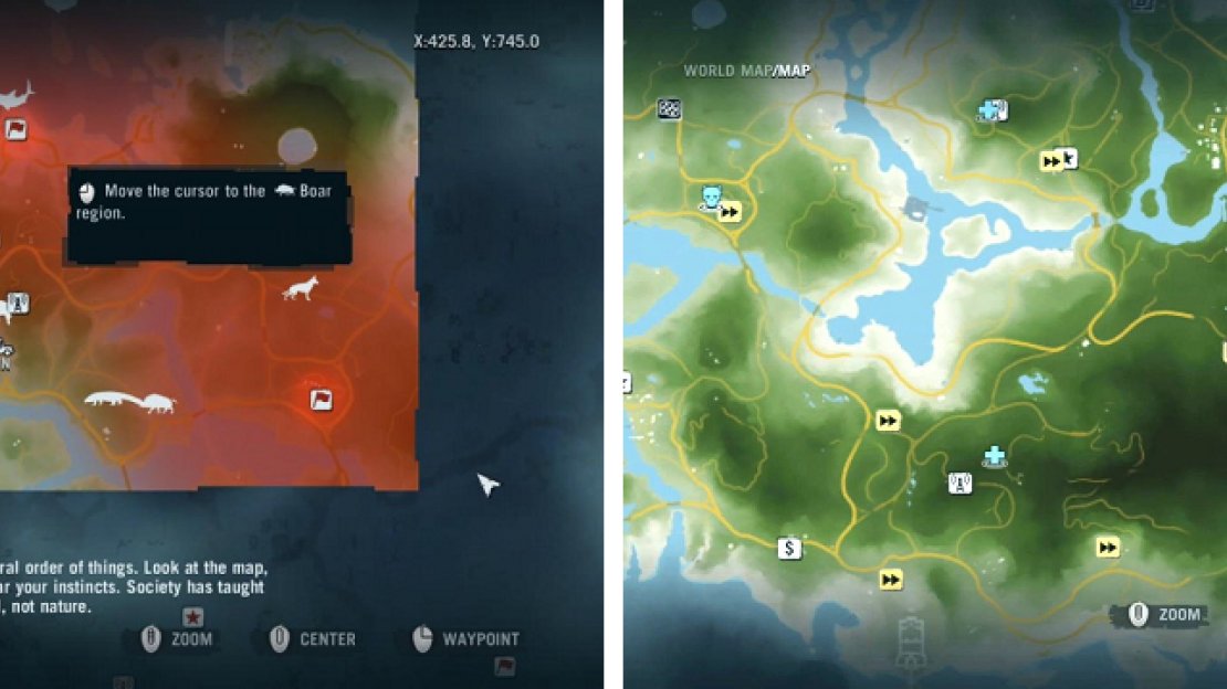 What the map looks like before activating Radio Towers (left), as well as after activating them (right).