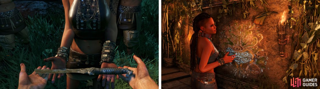 Hand over the ceremonial knife to Citra, who will then proceed to tell you about the creation of the Rook Islands.