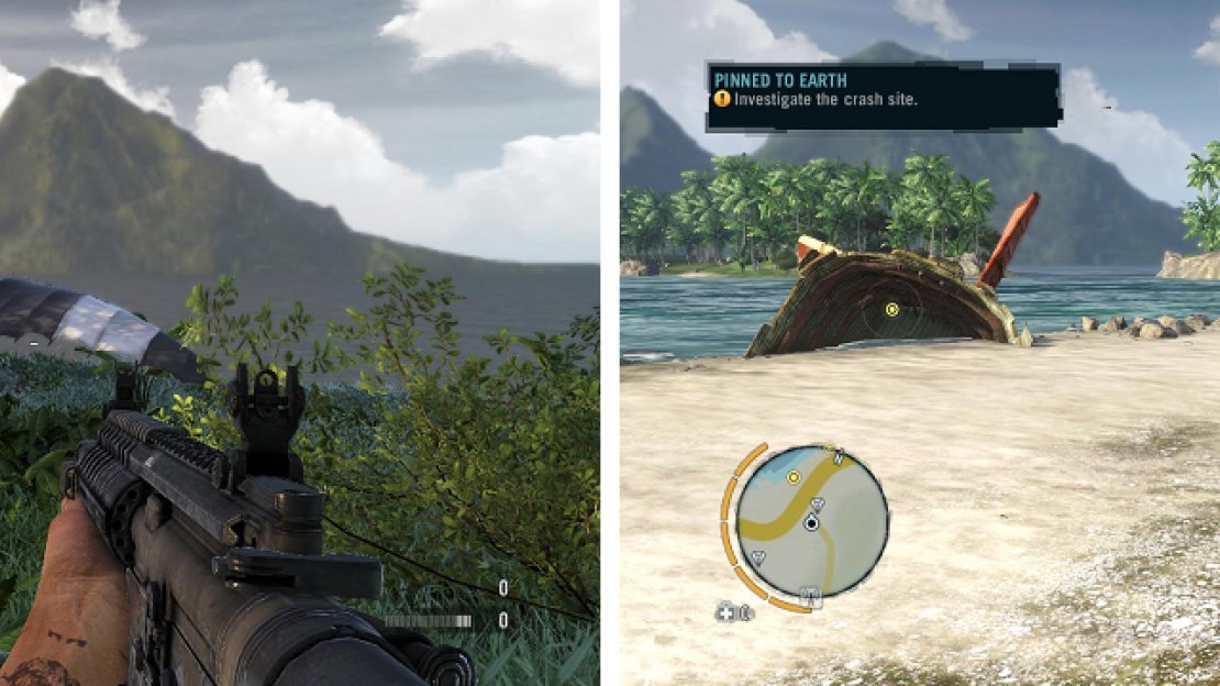 Use the glider (left) to get down to the beach, where you will find a wrecked plane.