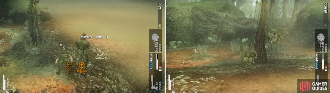 Confidential Document is a little piece of paper near the riverbed (left picture). A soldier is coming from the north so hide behind a tree to avoid being spotted (right picture).