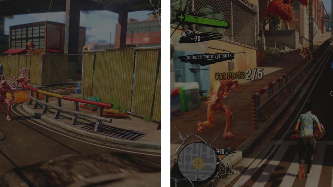 Find the Vat parts at the first crash site (left). Continue along the train tracks and loot a second crash site for more Vat Parts (right).