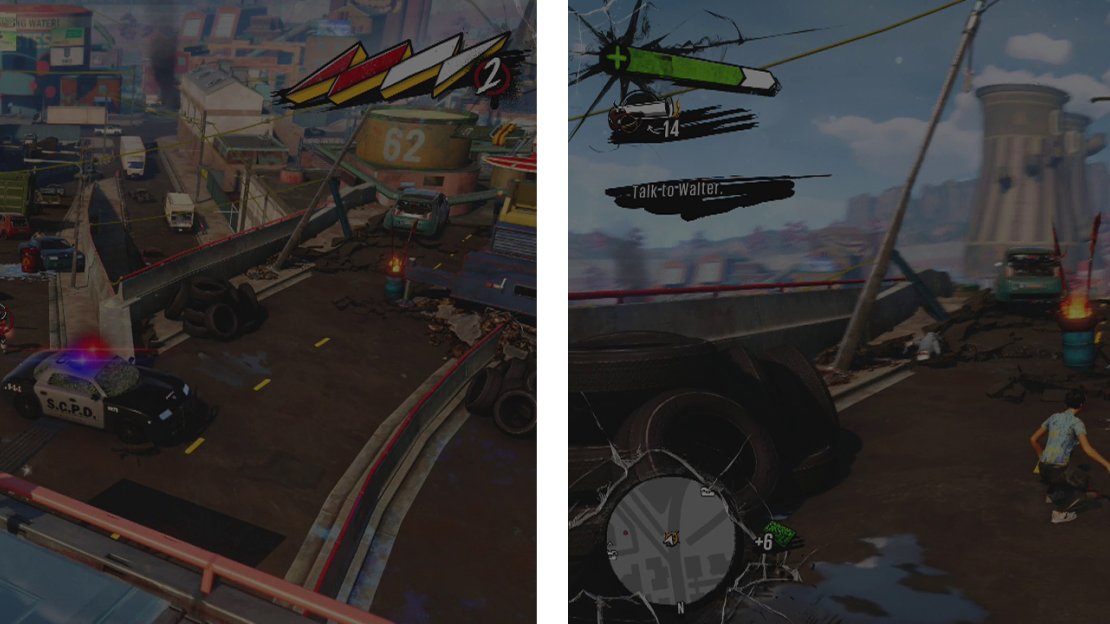 Help Walter defend against the Scabs (left) and then chat with him near the chopper (right)