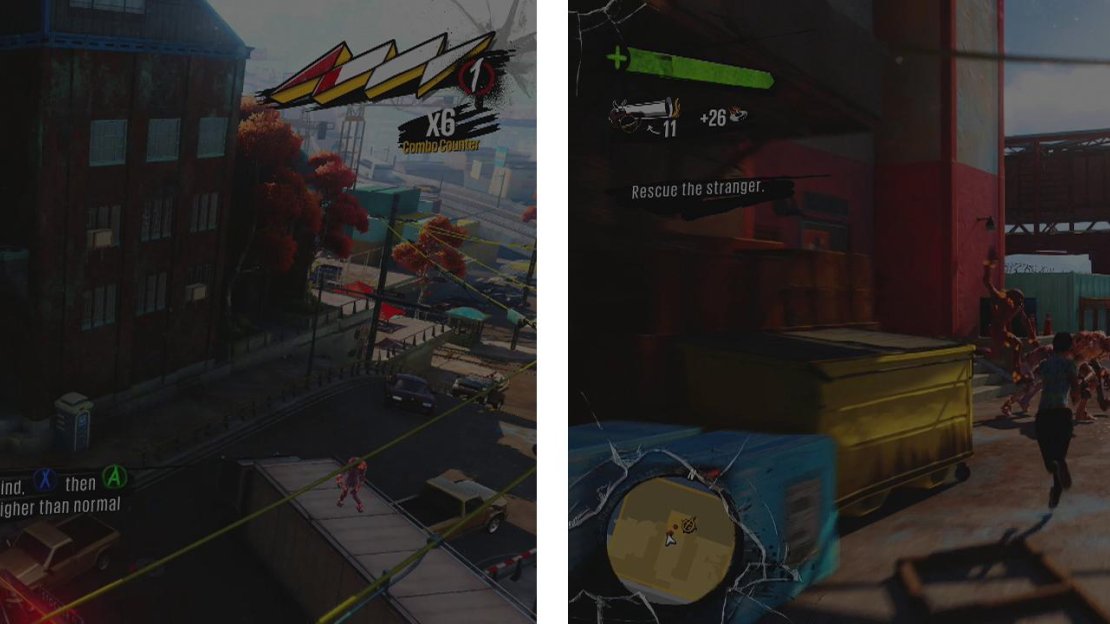 Enter the gate ot the Crown Blades Factory (left) and track down and protect the stranger inside (right).