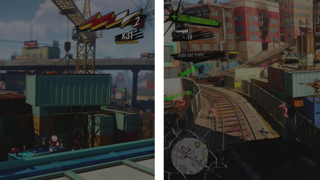 Defend the train against waves of OD (left) before riding the train out of the area (right).