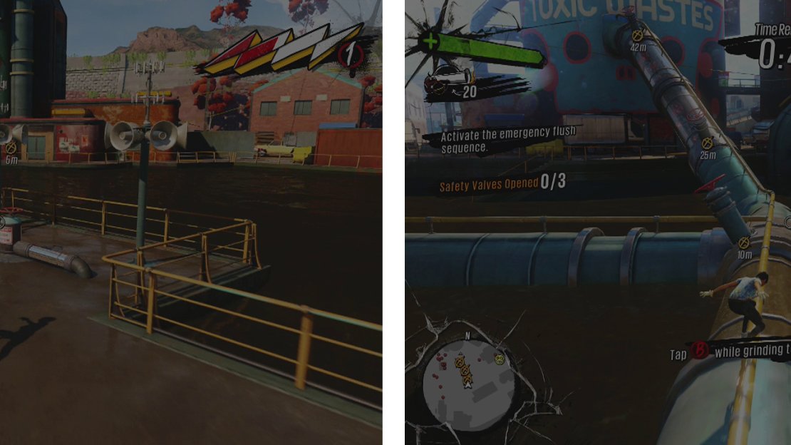 Interact with the valve (left) and then grind up the passage (right) and smack all the red valves as you go.