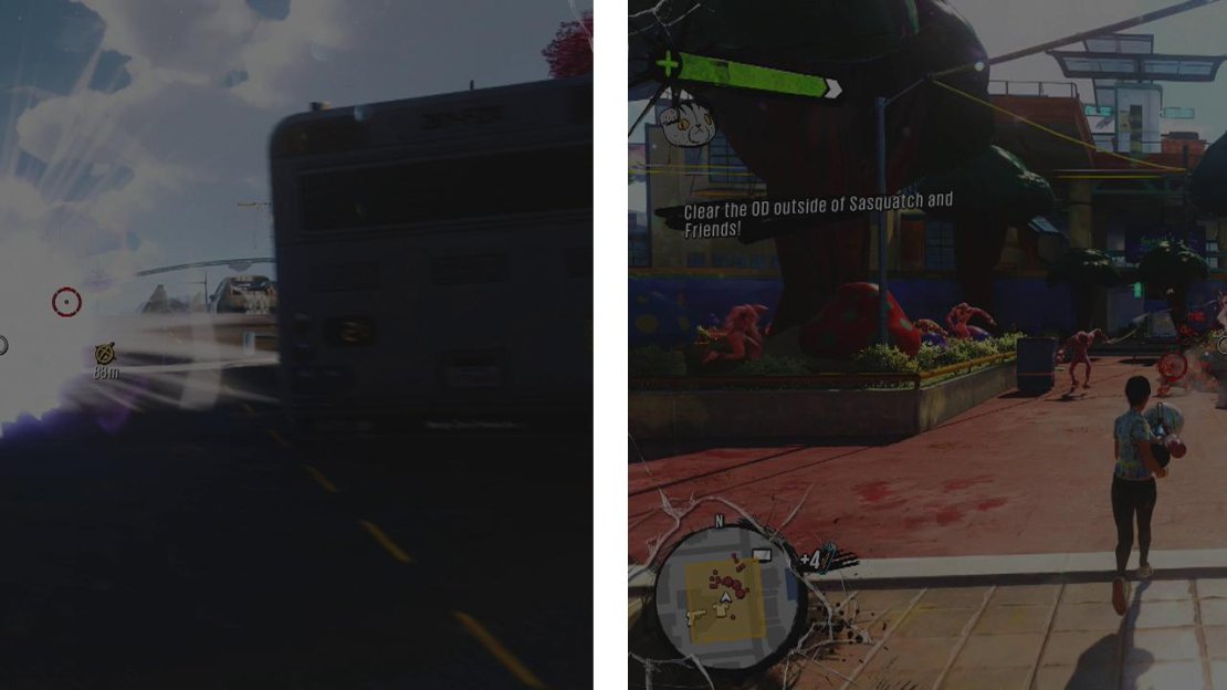 Use the Kitty Cannon to clear the way back to the pizzeria (left). Clear the courtyard (right) of OD to end the mission.