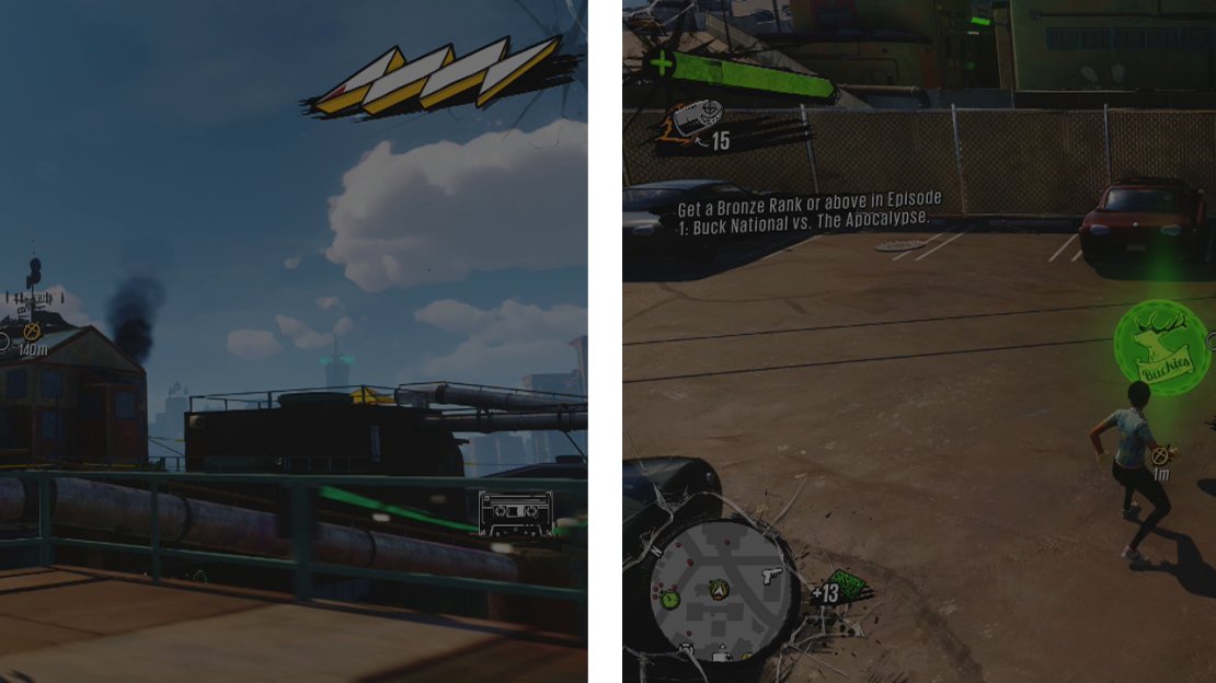 Make your way to Buck’s place in the distance (left). Then head over and interact with the Challenge icon (right) to continue.