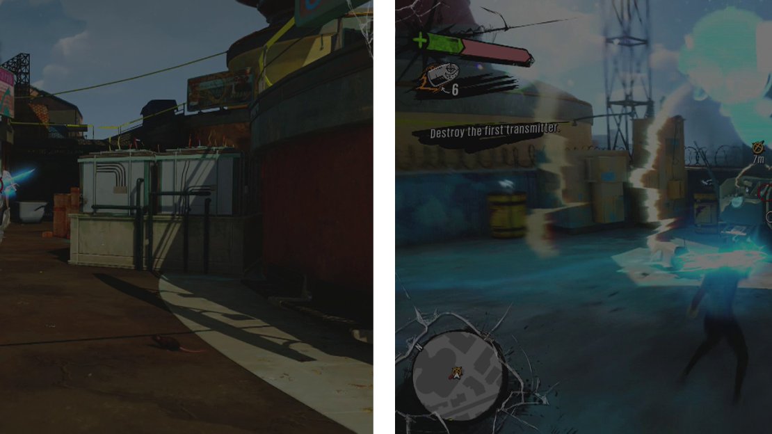 Clear your way through the Blade and Rifle Bots (left) to reach the first transmitter (right).