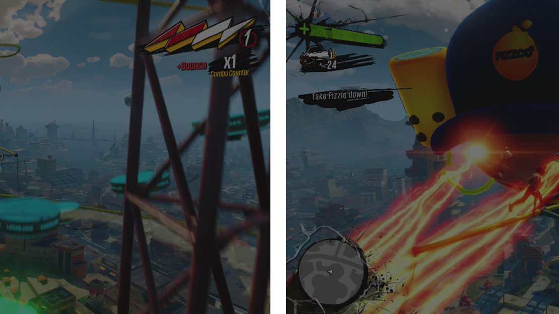 Jump on the blue drums to stun Fizzie (left) before shooting him in the eyes. Also, avoid the death lasers! (right).