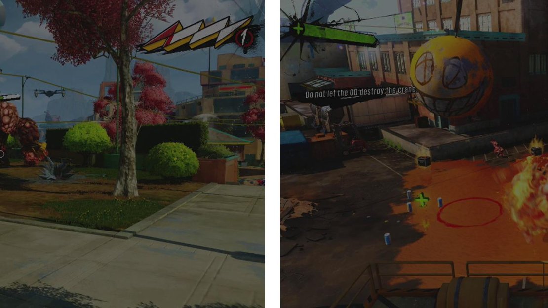 Head to the park nearby and kill the OD, the Herker has the crane key (left). Use the crane to smush all of the OD that enter the area (right).