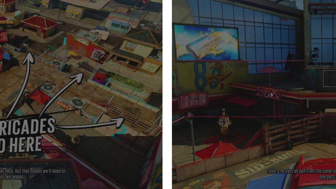 The location of the barricades (left) and the vats (right). Plant your traps to slow enemy progress and keep them in-tact!
