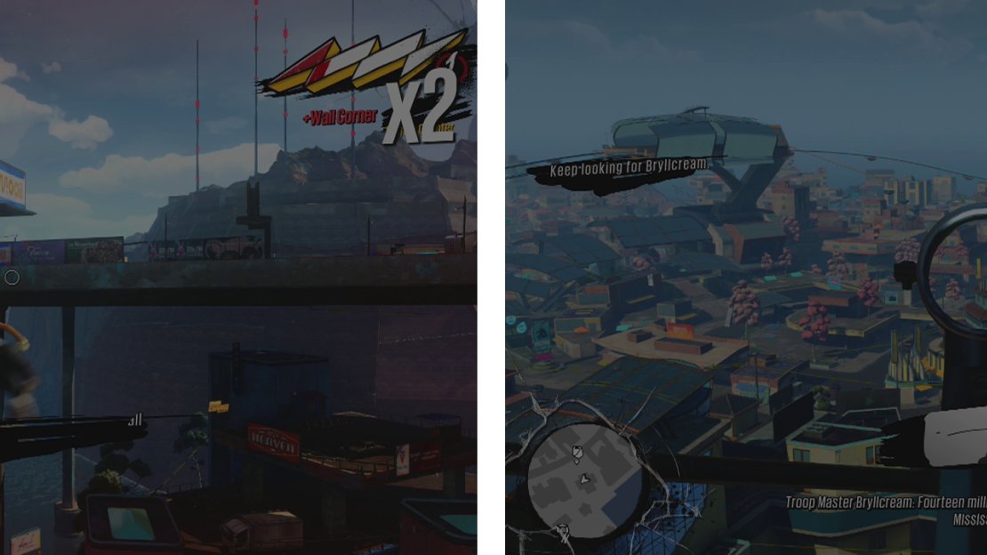 Climb the building (left) and use the radar scope at the top (right) to locate Bryllcream.