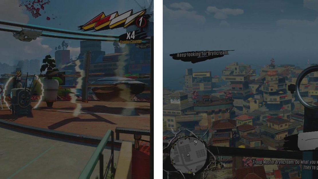 Clear out the Fizzco Bots and destroy the jammer (left) before climbing to the next radar scope (right) to locate Bryllcream.