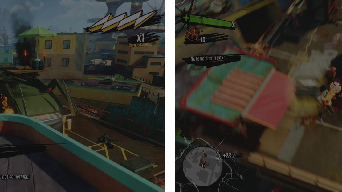 Throw the kegs of Overcharge to put out the fire (left). Then defend the truck against OD (right).