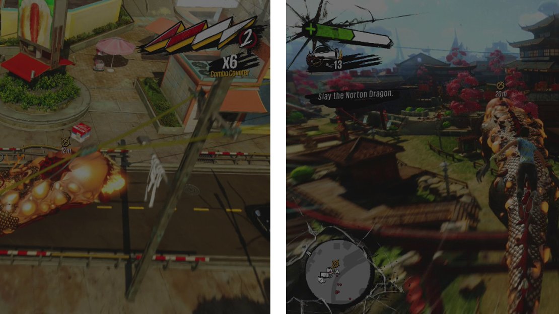 Shoot the spikes off the dragon’s back (left) before jumping on and grinding up to his head (right) for a melee blow.