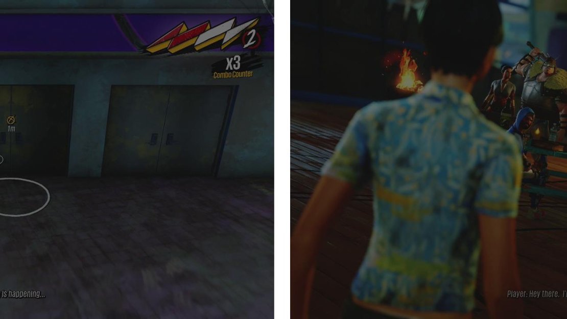 Enter the marked door (left) for a scene (right) to end the quest.