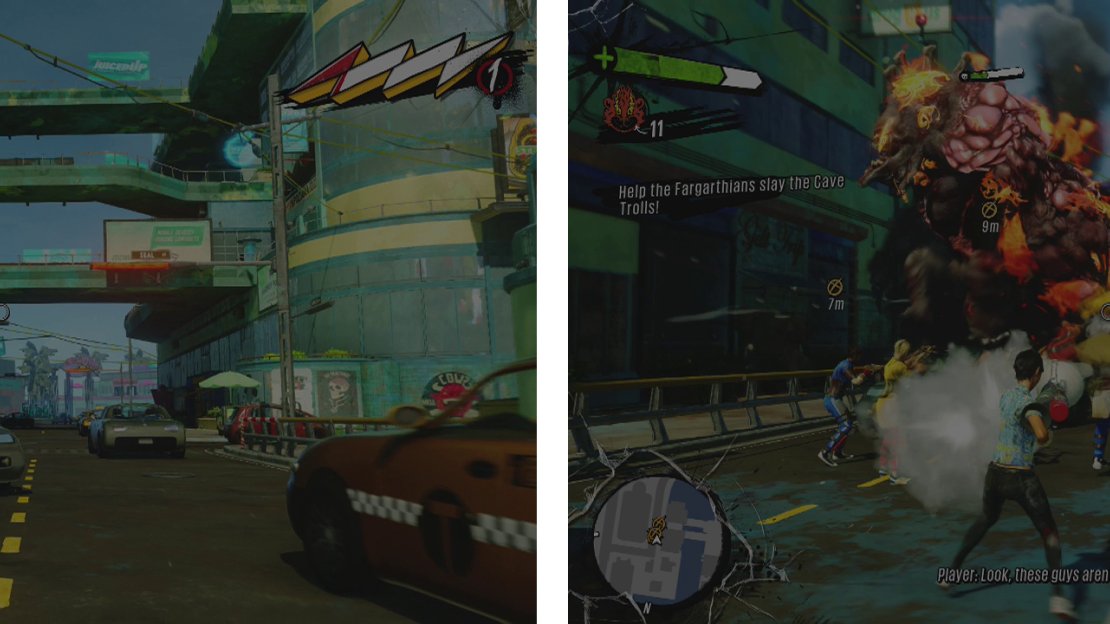 Escort the Fargathians through the streets (left). Let them help you kill the pair of Herkers you encounter (right).