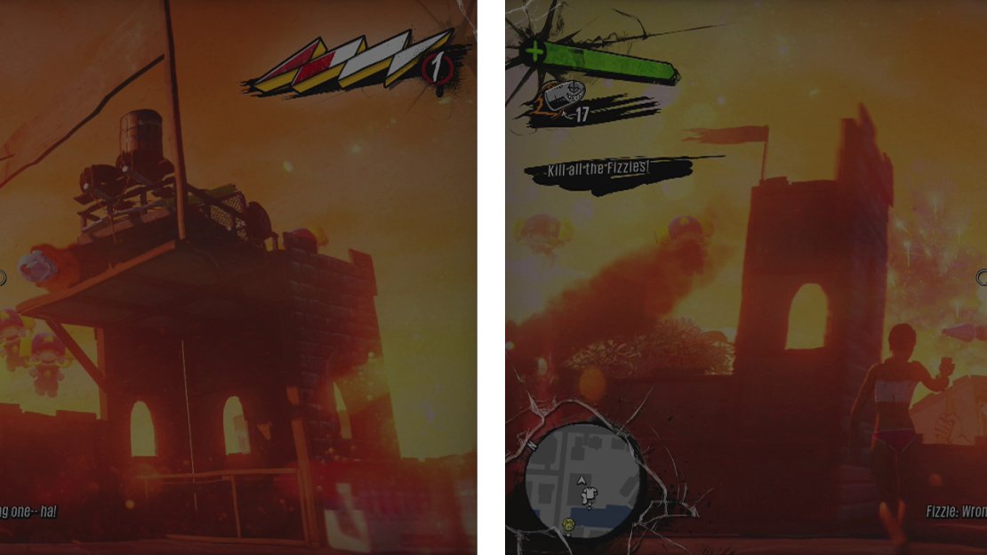 Fizzie will split into numerous clones (left). Destroy as many as you can whilst dodging the rockets they shoot (right).
