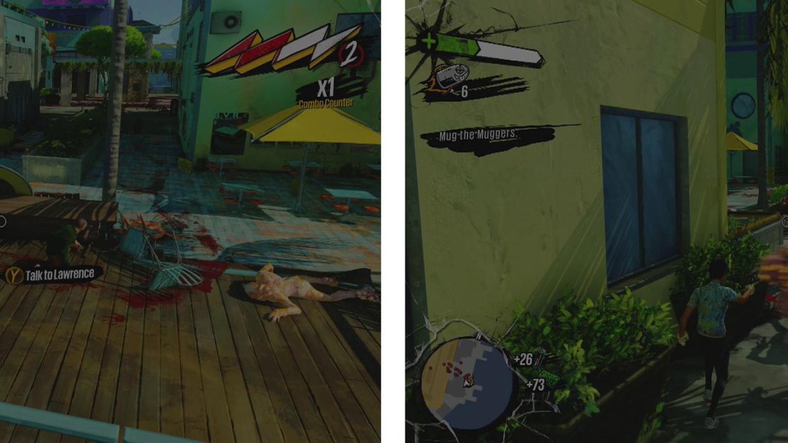 Run out to meet Lawrence at the boardwalk (left). Fight off the Muggers and OD that appear (right).